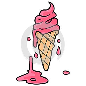 Sweet food drink ice cream cone with melted condition. cartoon emoticon. doodle icon drawing