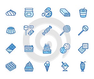 Sweet food flat line icons set. Pastry vector illustrations lollipop, chocolate bar, milkshake, cookie, birthday cake