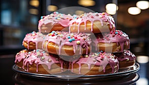 Sweet food, gourmet, chocolate donut, multi colored icing generated by AI