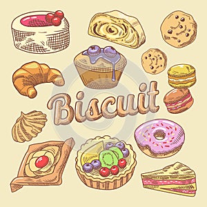 Sweet Food Hand Drawn Doodle with Cupcake, Croissant and Macaroon. Bakery Cakes Set