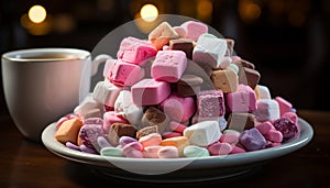 Sweet food, marshmallow, multi colored, gourmet, candy, snack, sugar, chocolate generated by AI