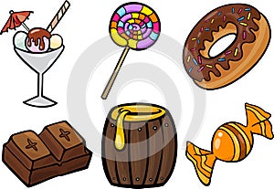 Sweet food objects cartoon illustration set