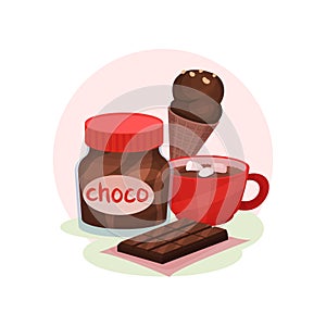 Sweet food products. Cup of cocoa with marshmallows, ice-cream, chocolate bar and jar of paste. Flat vector design