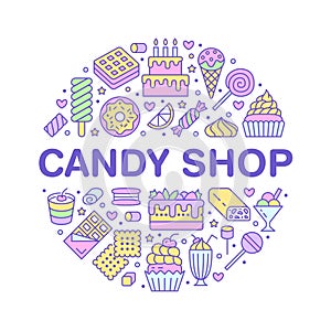 Sweet food round poster with flat line icons. Pastry vector illustrations - lollipop, chocolate bar, milkshake, cookie