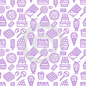 Sweet food seamless pattern with flat line icons. Pastry vector illustrations - lollipop, chocolate bar, milkshake