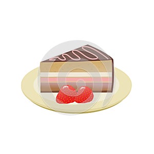 Sweet food. A slice of birthday cake with strawberries. Vector illustration. White background