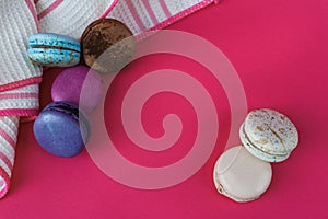 Sweet french macarons. Colorful bisquits. Top view. Copy text space.