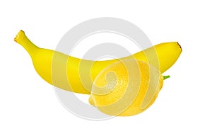 Sweet fresh yellow banana fruit iand whole lemon solated on white for design packaging