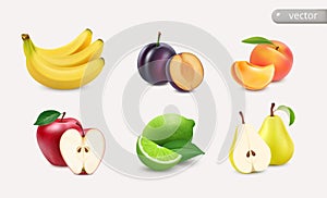 Sweet fruits. Apple and lime, banana and peach, plum and pear. 3d realistic vector objects