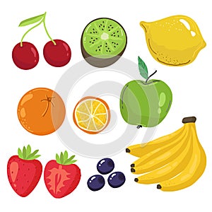 Sweet fruits. Grapes, strawberry, blackberry, cherry, watermelon, pineapple, papaya, mango, apple, banana, orange, lime. 3d