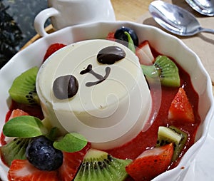 Sweet fruity syrup and the panda face pudding.