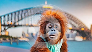 sweet funny cute smiling face baby orang-utan with big eyes punk hair style on Sydney footpath harbour bridge