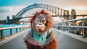 sweet funny cute smiling face baby orang-utan with big eyes punk hair style on Sydney footpath harbour bridge