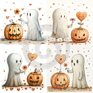 A sweet ghost gives a pumpkin flowers and hearts of love. Adorable watercolor nursery illustration for Valentine\'s Day