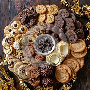 Sweet Gift, Round Board with Different Chocolates, Chip Cookies, Chocolate Macrons, Meringue Cookies