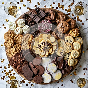 Sweet Gift, Round Board with Different Chocolates, Chip Cookies, Chocolate Macrons, Meringue Cookies