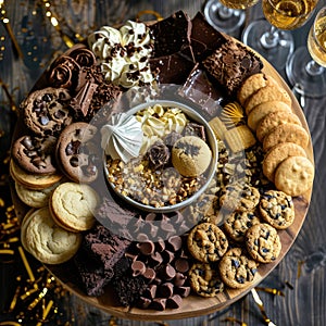 Sweet Gift, Round Board with Different Chocolates, Chip Cookies, Chocolate Macrons, Meringue Cookies