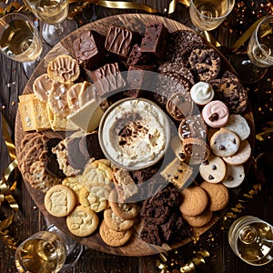 Sweet Gift, Round Board with Different Chocolates, Chip Cookies, Chocolate Macrons, Meringue Cookies