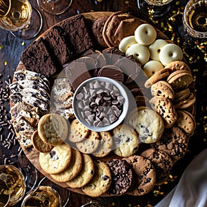 Sweet Gift, Round Board with Different Chocolates, Chip Cookies, Chocolate Macrons, Meringue Cookies