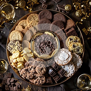 Sweet Gift, Round Board with Different Chocolates, Chip Cookies, Chocolate Macrons, Meringue Cookies