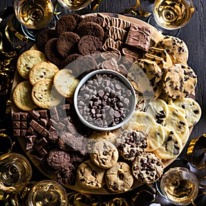 Sweet Gift, Round Board with Different Chocolates, Chip Cookies, Chocolate Macrons, Meringue Cookies
