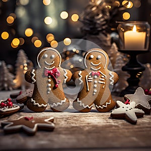 Sweet gingerbread couple against a Christmas background generated by artificial intelligence
