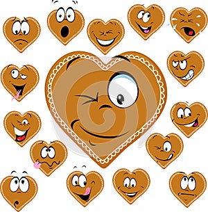 Sweet gingerbread heart with a happy face cartoon - vector