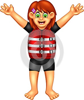 Sweet girl cartoon standing using bouy with smile and waving