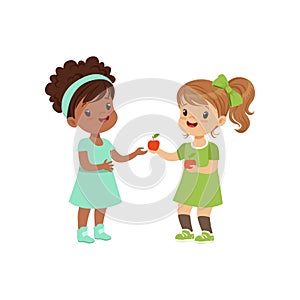 Sweet girl giving an apple to another girl, kids sharing fruit vector Illustration on a white background