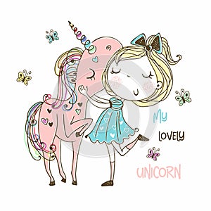 Sweet girl with a magical unicorn. Vector