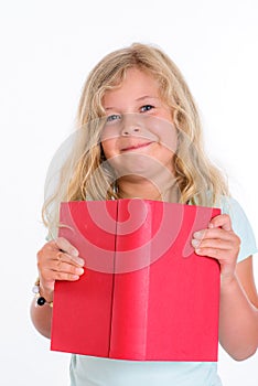 Sweet girl with red book in front of white background