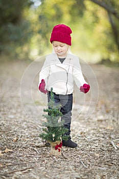 Sweet Girl In Red Mittens and Cap Near Small Christmas Tree