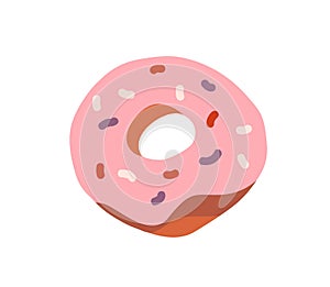 Sweet glazed donut. Doughnut with pink icing and sprinkles. Round dessert with hole. Sugar food. Dough pastry with