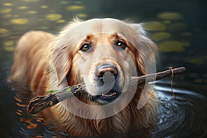 Sweet Golden Retriever in a Stream with a Stick - Generative AI