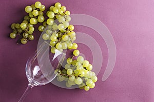 Sweet grapes, glasswine on violet background.Top view of glassware and tasty fruit