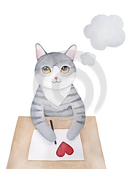 Sweet gray little kitty character writing love letter.