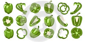 Sweet green bell peppers set isolated on white background