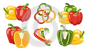 Sweet green, red and yellow bell peppers set isolated on white background