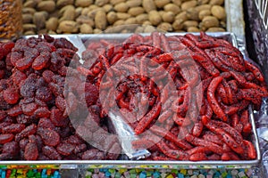 Sweet gummies with chili in a street market in mexico.