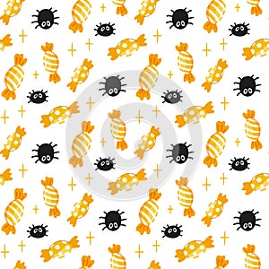 Sweet Halloween candy seamless pattern. Trick or treat background. Vector Sweets with spiders repeated texture. Wrapping
