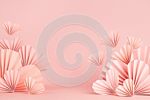 Sweet happiness Valentine day scene mockup - soar pink origami paper hearts on pastel pink color as frame, copy space. Romantic.