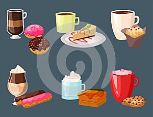 Sweet hazelnut muffins delicious cake coffee cup morning bakery dessert pastry fresh drink cappuccino vector