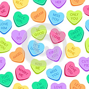 Sweet heart candies pattern. Colorful valentines hearts, love conversation candies and sweetheart candy seamless vector
