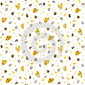 Sweet hearts, chocolate chip, bananas, jelly beans and candy hand drawn seamless pattern.