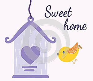 Sweet home card with birds house and flying bird. Vector isolated elements on white background