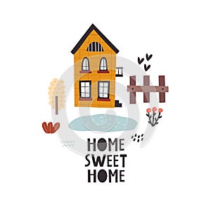 Sweet home. cartoon house, tree, hand drawing lettering, decor elements. colorful illustration for kids, flat style.