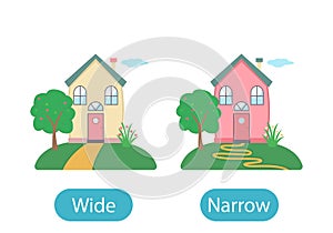 Sweet home in cartoon style with a narrow and wide road. the concept of teaching children the opposite adjective and Narrow and