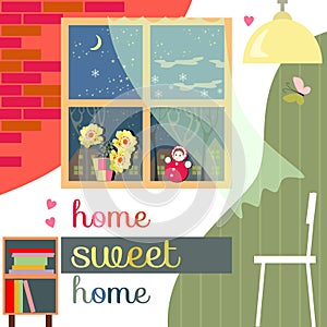 Sweet home. Cute interior with chair, bookcase, lamp, window with curtain and flowers and toy on windowsill