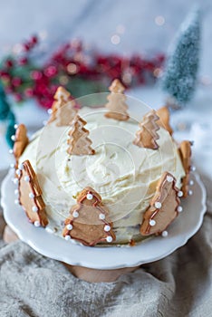 sweet home made gingerbread cake with white chocolate frosting