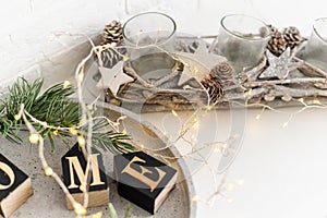 Sweet home. White Christmas decor on vintage natural wooden background.